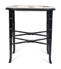 A German Porcelain Tray Set in a Later Ebonized Side Table
