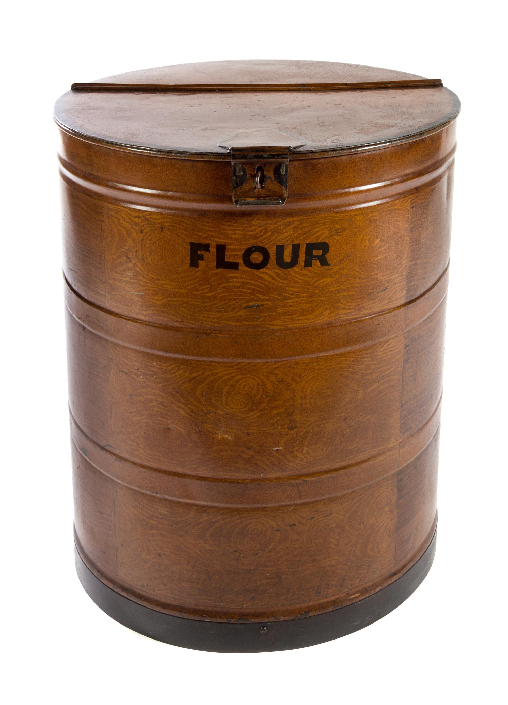 A Painted Metal Flour Barrel Height 30 inches. — 20TH CENTURY