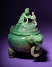 A Semi-Translucent Apple Green Jadeite Tripod Censer and Cover