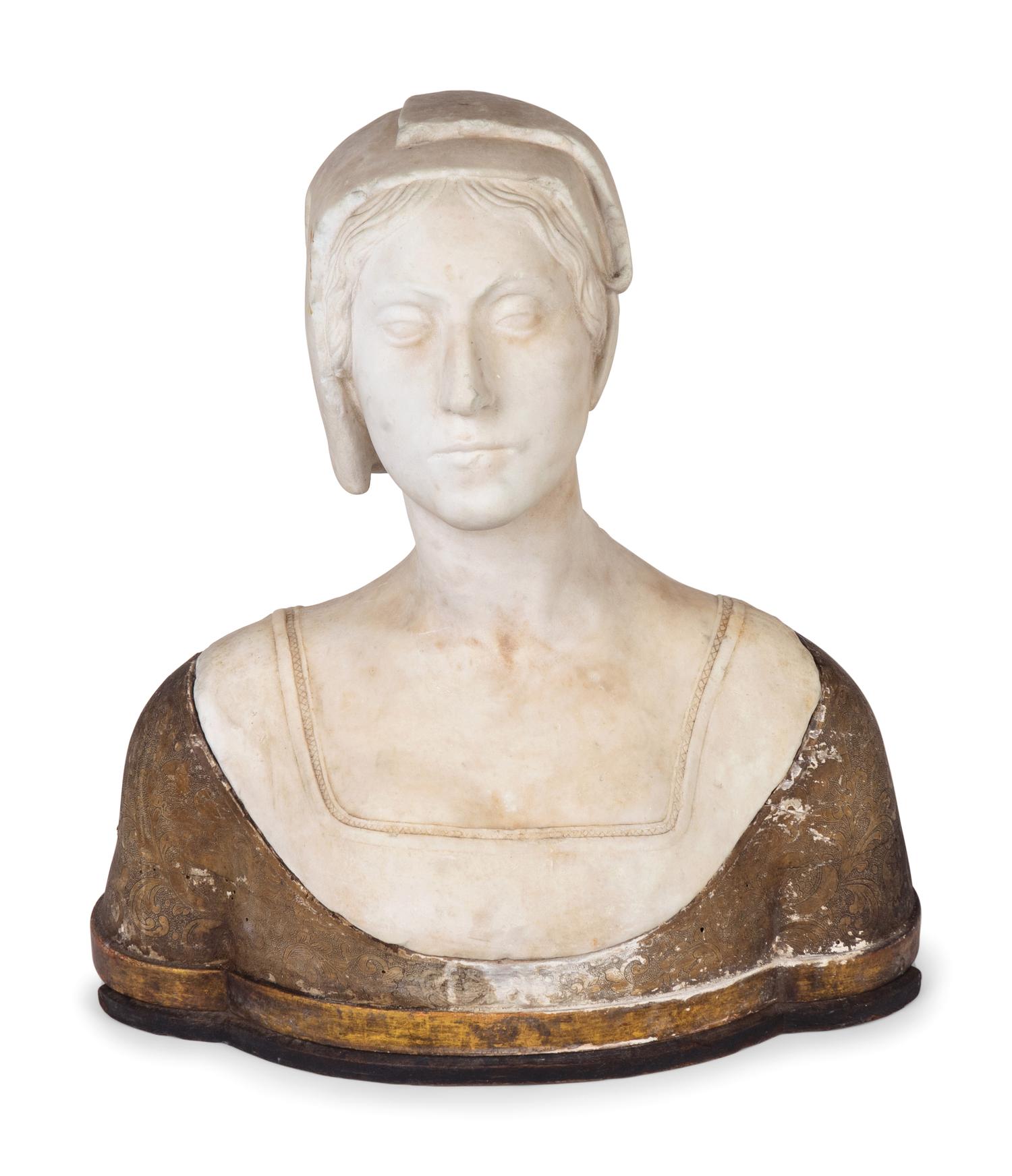 An Italian Carved Marble and Incised Wood Bust of a Woman — 17TH/18TH CENTURY, THE BASE 19TH CENTURY