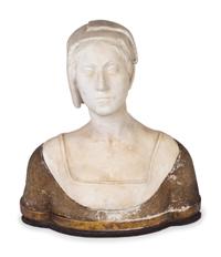 An Italian Carved Marble and Incised Wood Bust of a Woman — 17TH/18TH CENTURY, THE BASE 19TH CENTURY