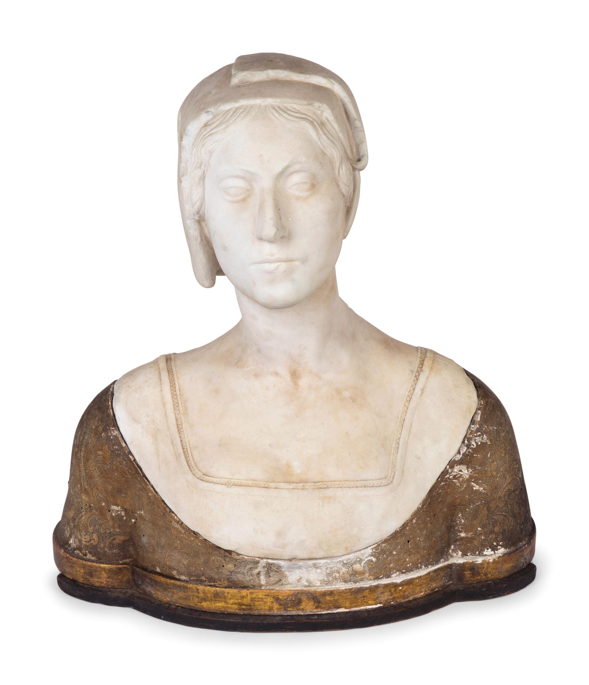 An Italian Carved Marble and Incised Wood Bust of a Woman — 17TH/18TH CENTURY, THE BASE 19TH CENTURY