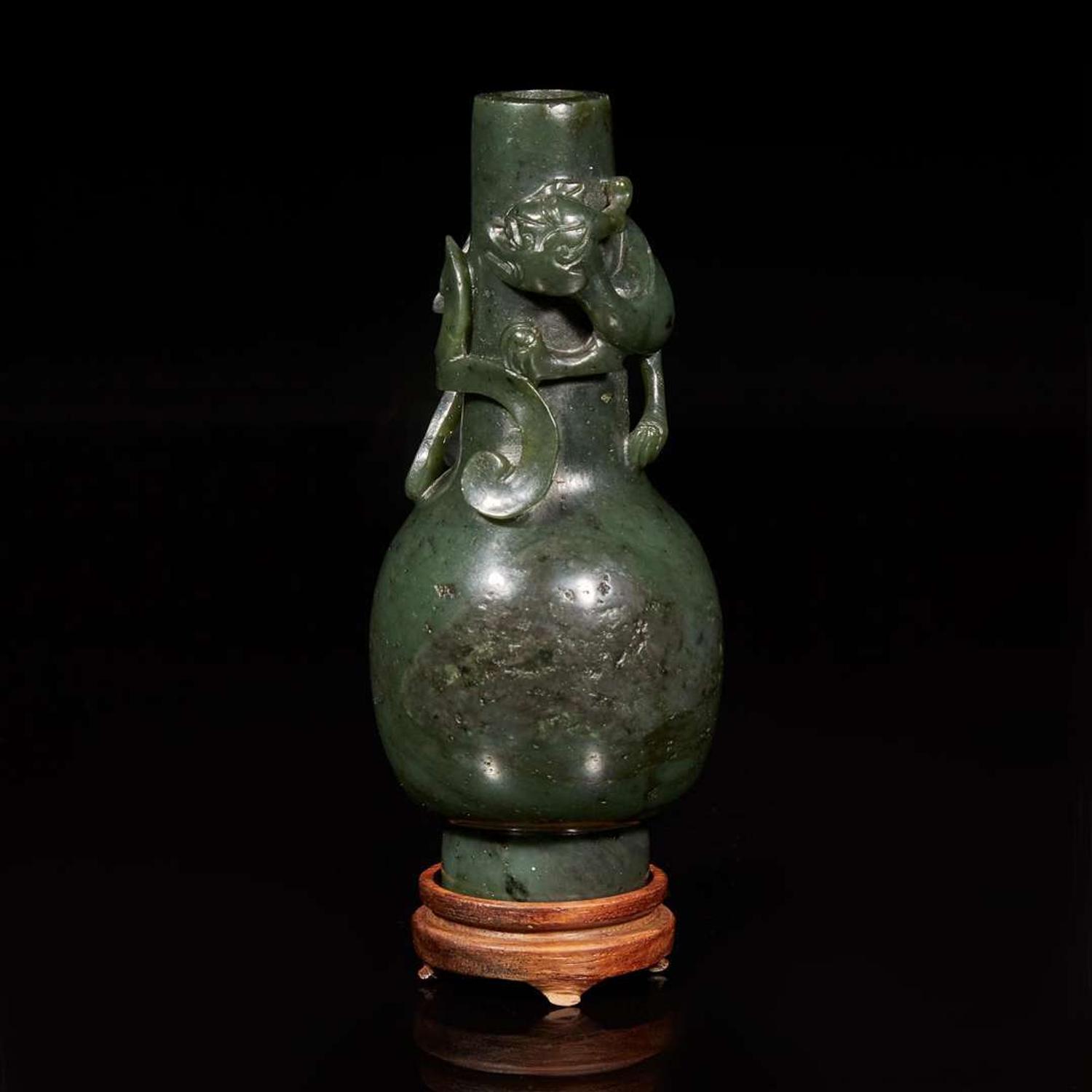 A Chinese carved spinach jade "Qilong" small bottle vase 菠菜綠碧玉盤龍瓶 Possibly 18th/early 19th century ??????????