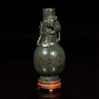 A Chinese carved spinach jade "Qilong" small bottle vase 菠菜綠碧玉盤龍瓶 Possibly 18th/early 19th century ??????????