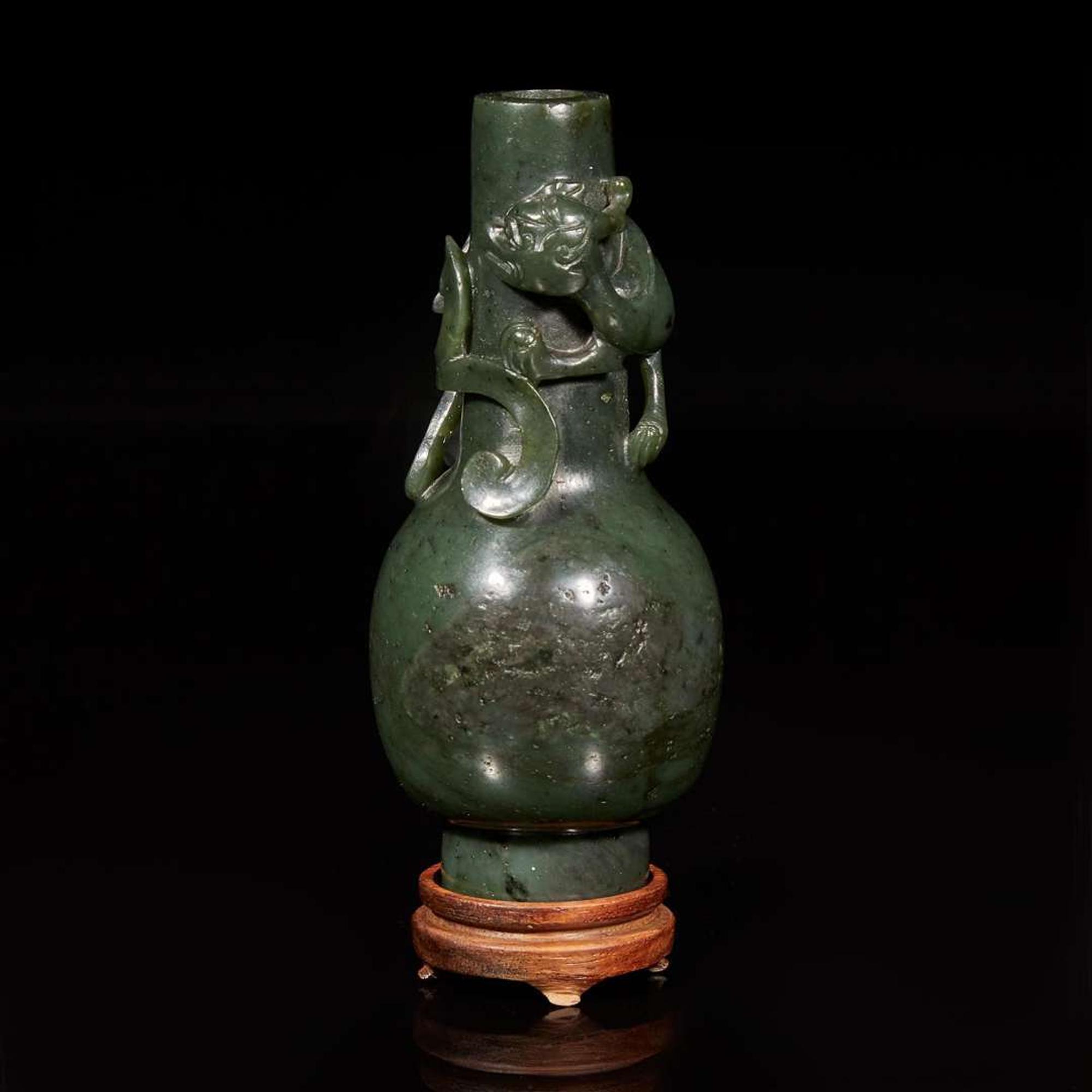 A Chinese carved spinach jade "Qilong" small bottle vase 菠菜綠碧玉盤龍瓶 Possibly 18th/early 19th century ??????????