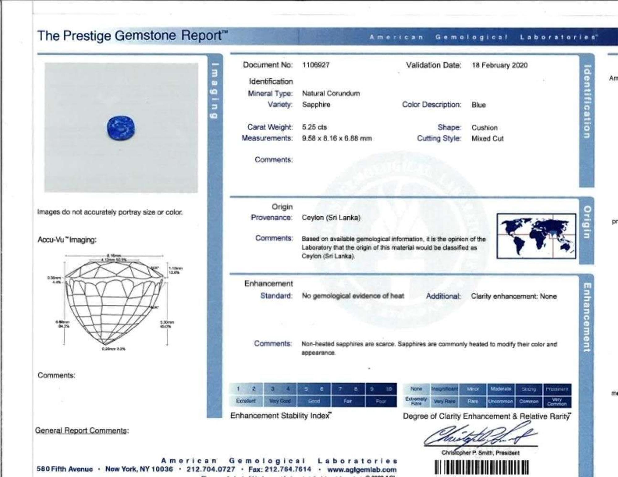 A Platinum, Sapphire, and Diamond Ring 5.25 Carat No-Heat Ceylon Sapphire, AGL Certified