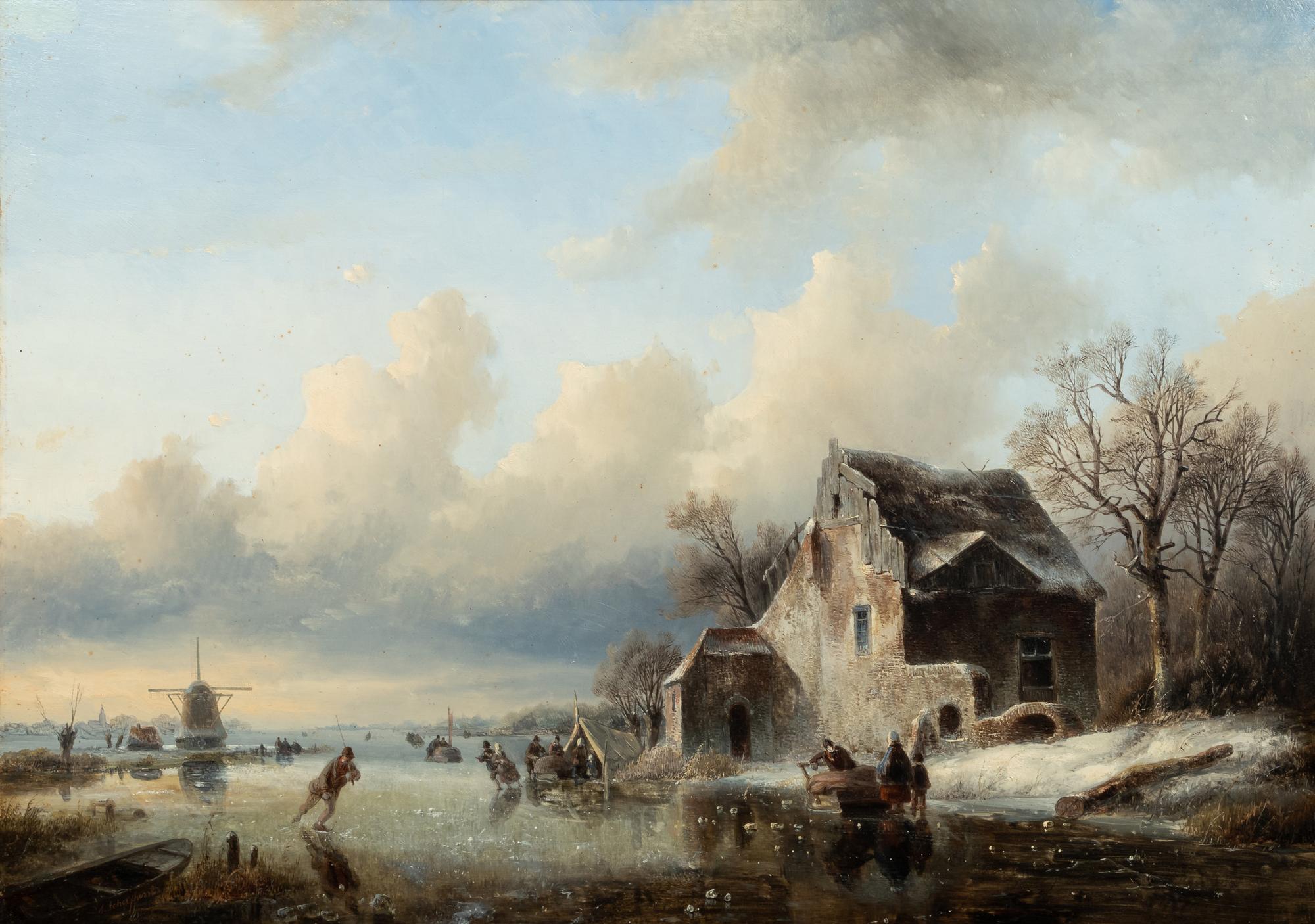 Ice Skaters and a koek-en-zopie on a Frozen River
