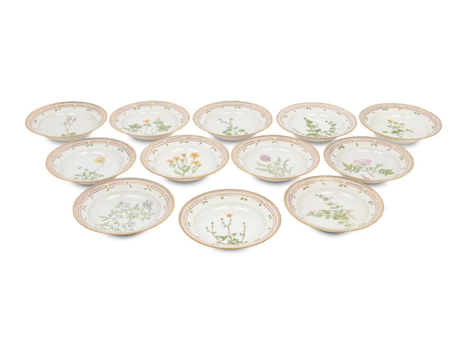 A Set of Twelve Royal Copenhagen Flora Danica Porcelain Soup Bowls
