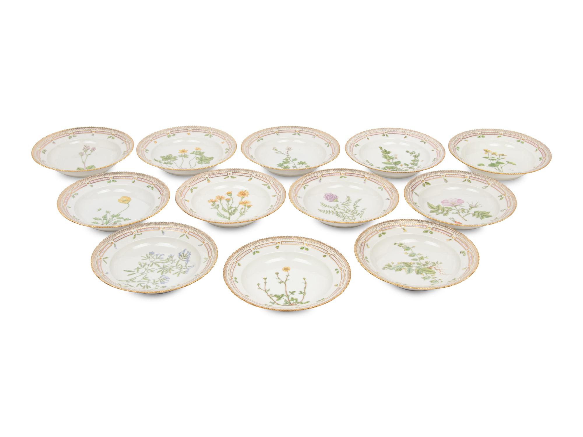 A Set of Twelve Royal Copenhagen Flora Danica Porcelain Soup Bowls