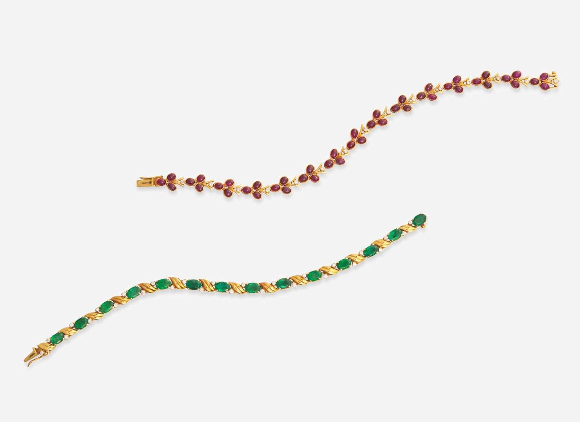 A Pair of Yellow Gold and Gemstone Bracelets