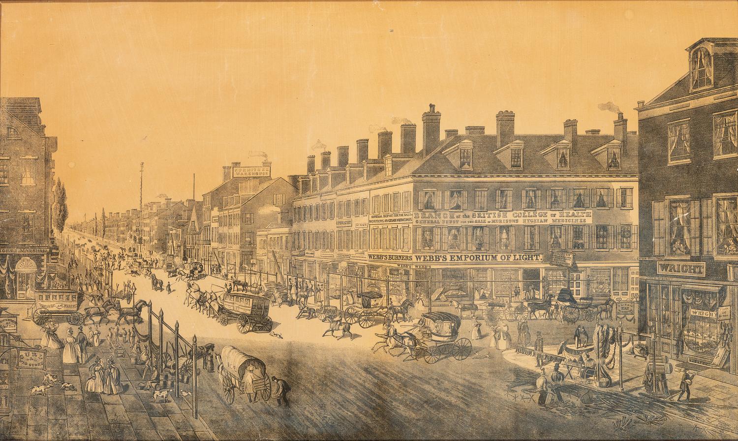 [NEW YORK]. after HORNOR, Thomas (1795-1844). [N ew-York. Shewing [ sic ] Each Building from the Hygeian Depot Corner of Canal Street to beyond Niblo's Garden ].