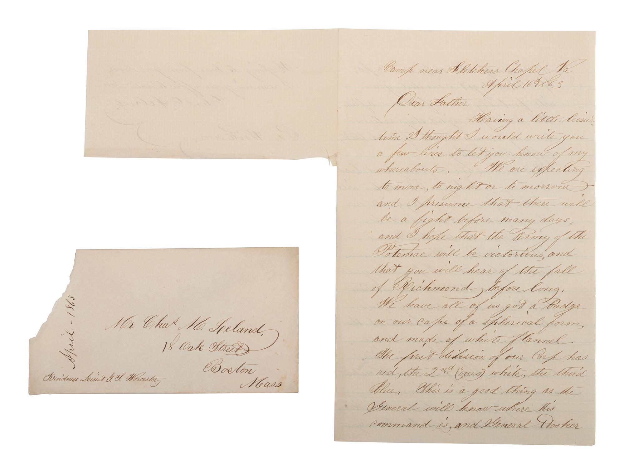 Private Charles Leland, Company B, 13th Massachusetts Infantry Regiment, KIA at Gettysburg. Autographed letter regarding his new corps badge. "Camp Near Fletchers Chapel," VA, 16 April 1863.