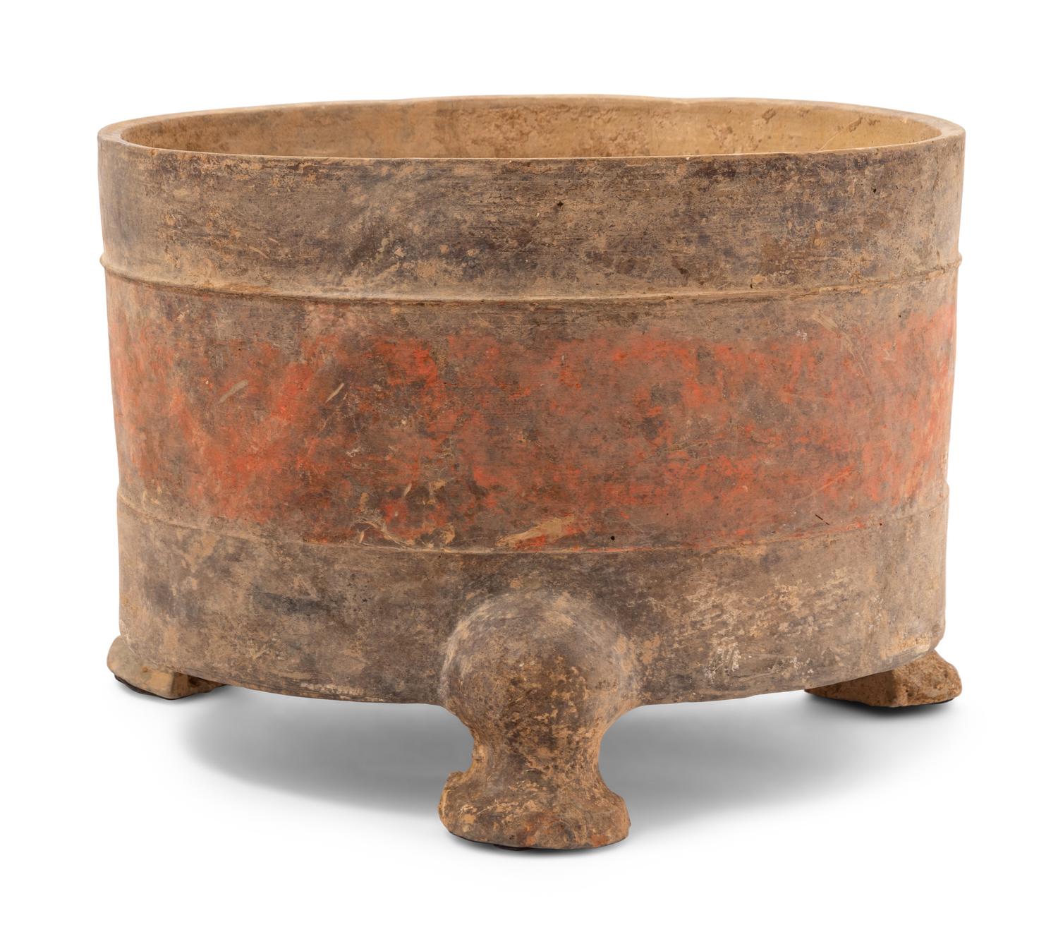A Chinese Red Painted Grey Pottery Tripod Censer, Lu