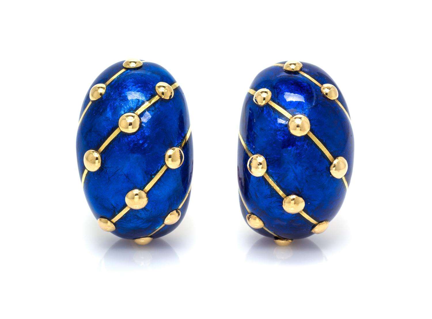 A Pair of Vintage 18 Karat Yellow Gold and Paillone Enamel Earclips, Schlumberger for Tiffany & Co., France, 22.10 dwts.