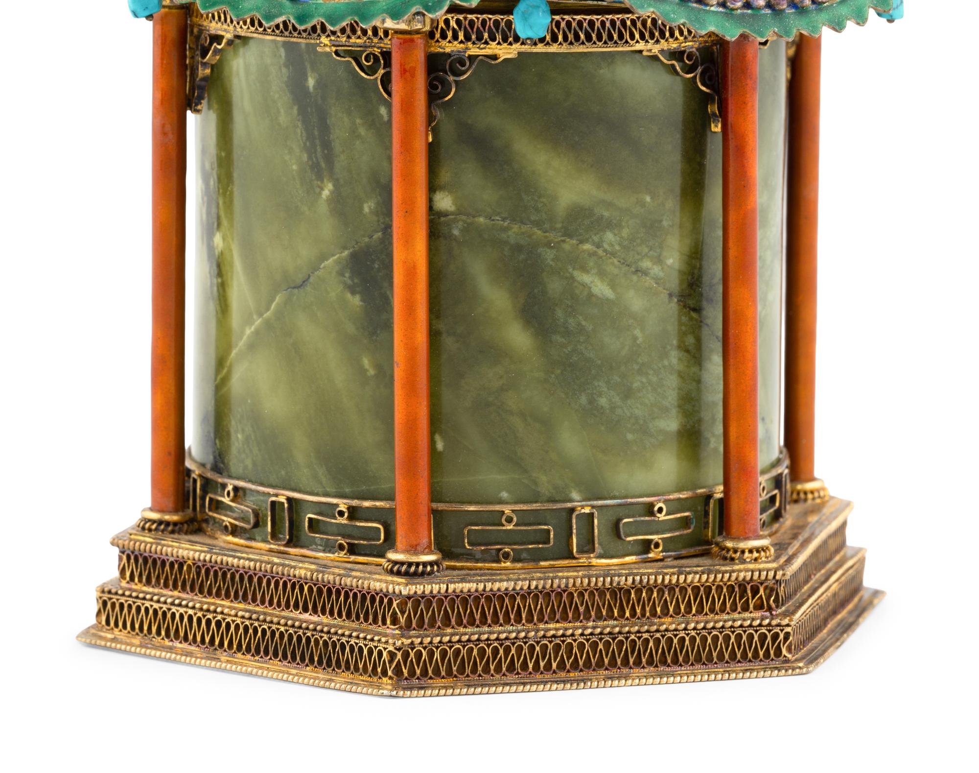 A Chinese Enameled and Hardstone Pagoda-Form Box