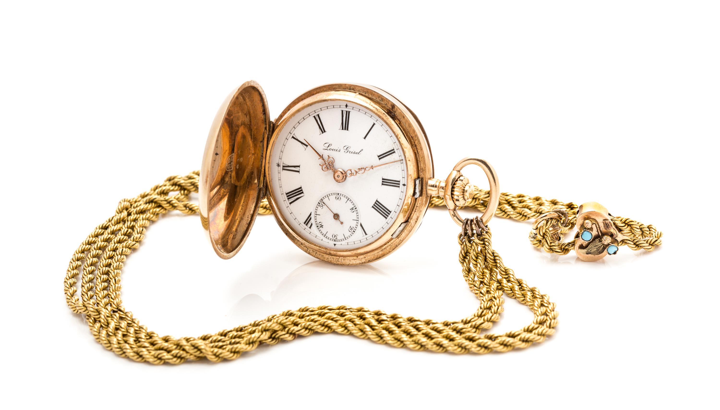A 14 Karat Yellow Gold Hunter Case Pendant Watch, Louis Grisel, 39.00 dwts.