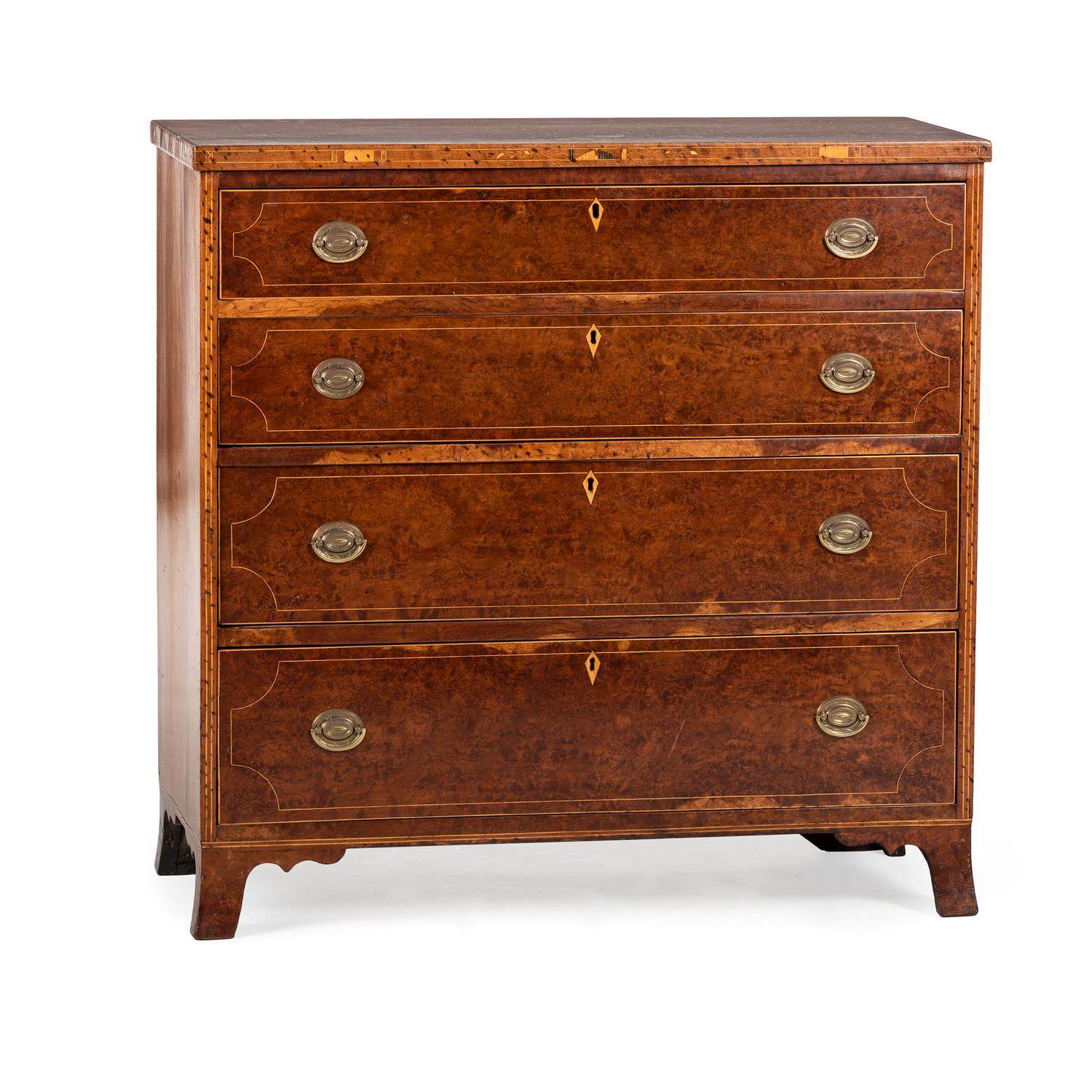 A Federal Line-Inlaid Burl and Cherrywood Chest of Drawers