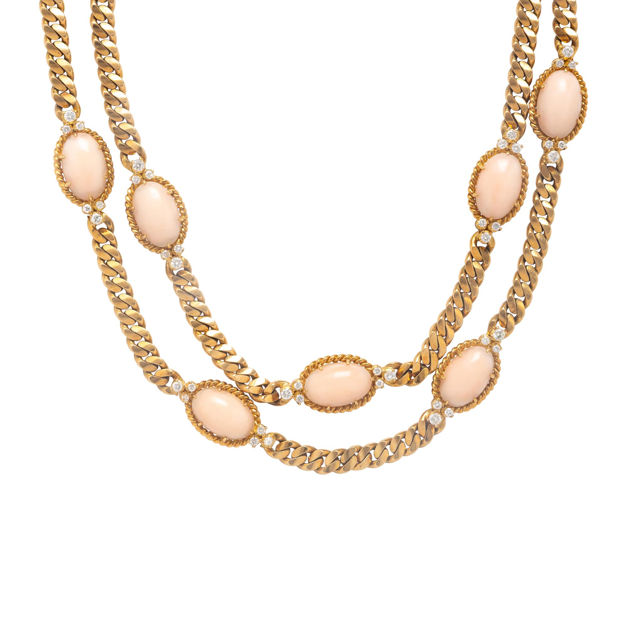 Coral, Diamond, and Yellow Gold Necklace
