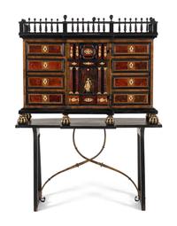 A Flemish Baroque Part Ebonized Walnut Cabinet on Later Stand