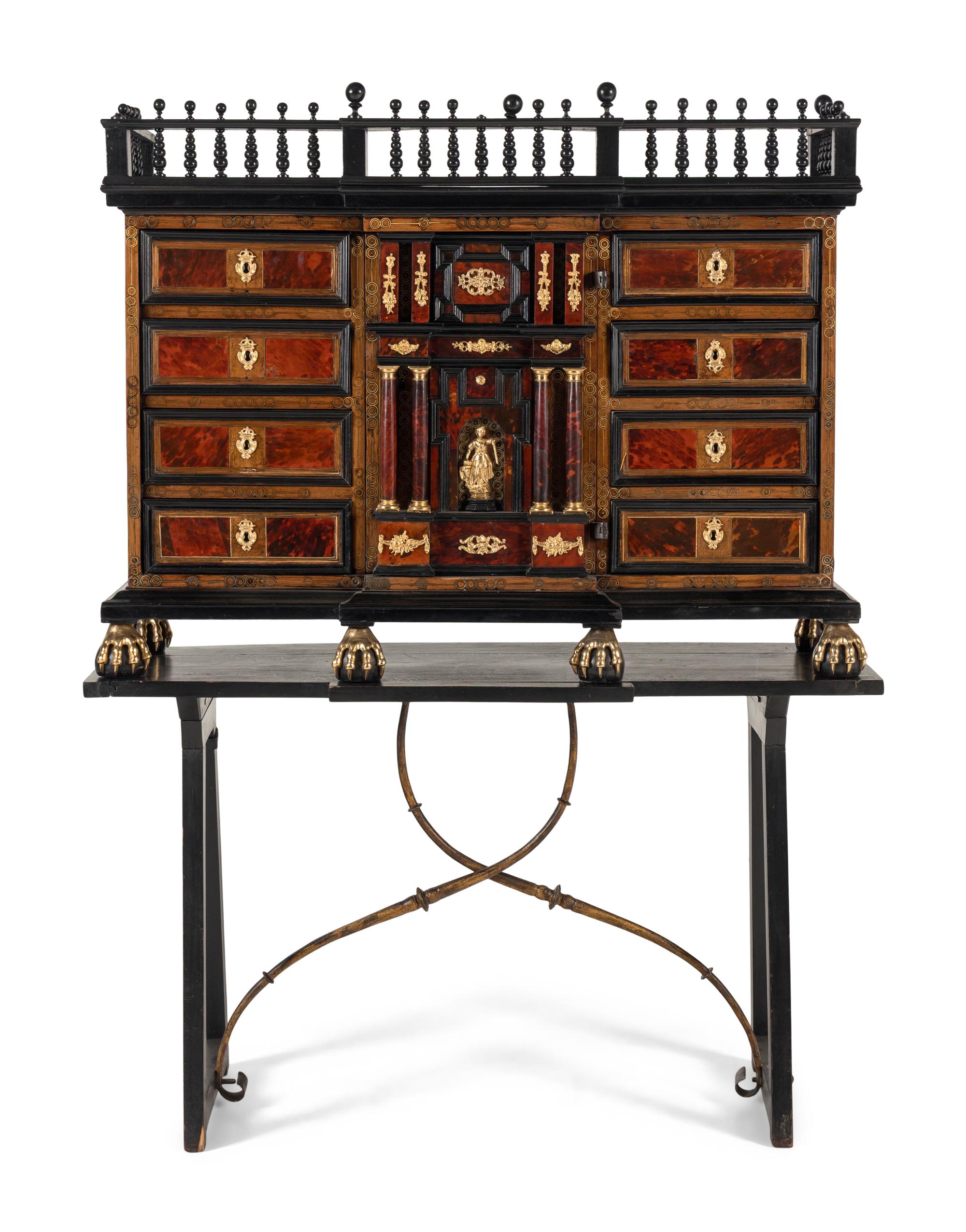 A Flemish Baroque Part Ebonized Walnut Cabinet on Later Stand