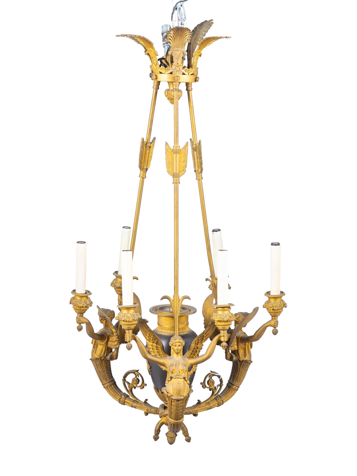 An Empire Style Gilt Bronze Figural Six-Light Chandelier