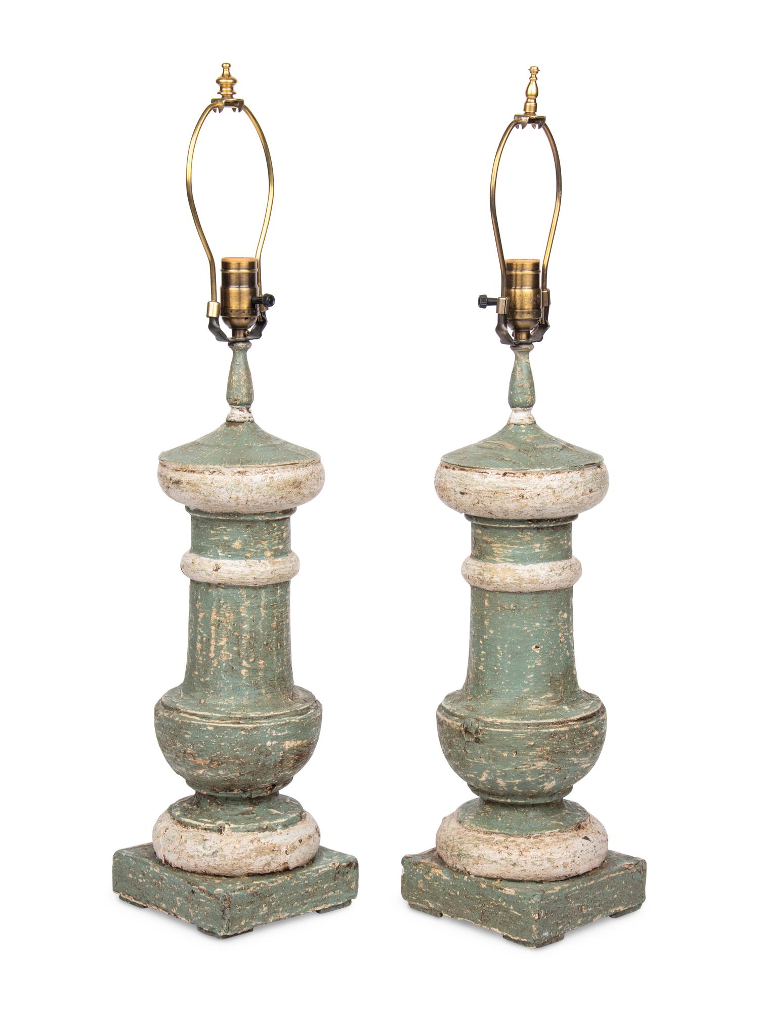 A Pair of Painted Wood Finial-Form Lamps