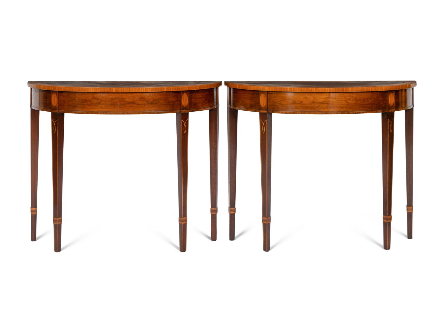 A Pair of Georgian Style Inlaid Demilune Console Tables