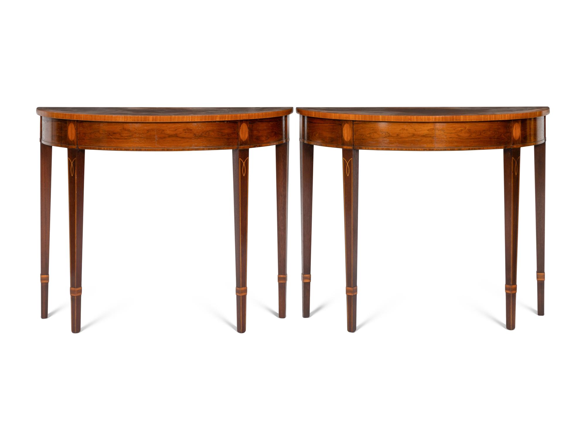 A Pair of Georgian Style Inlaid Demilune Console Tables