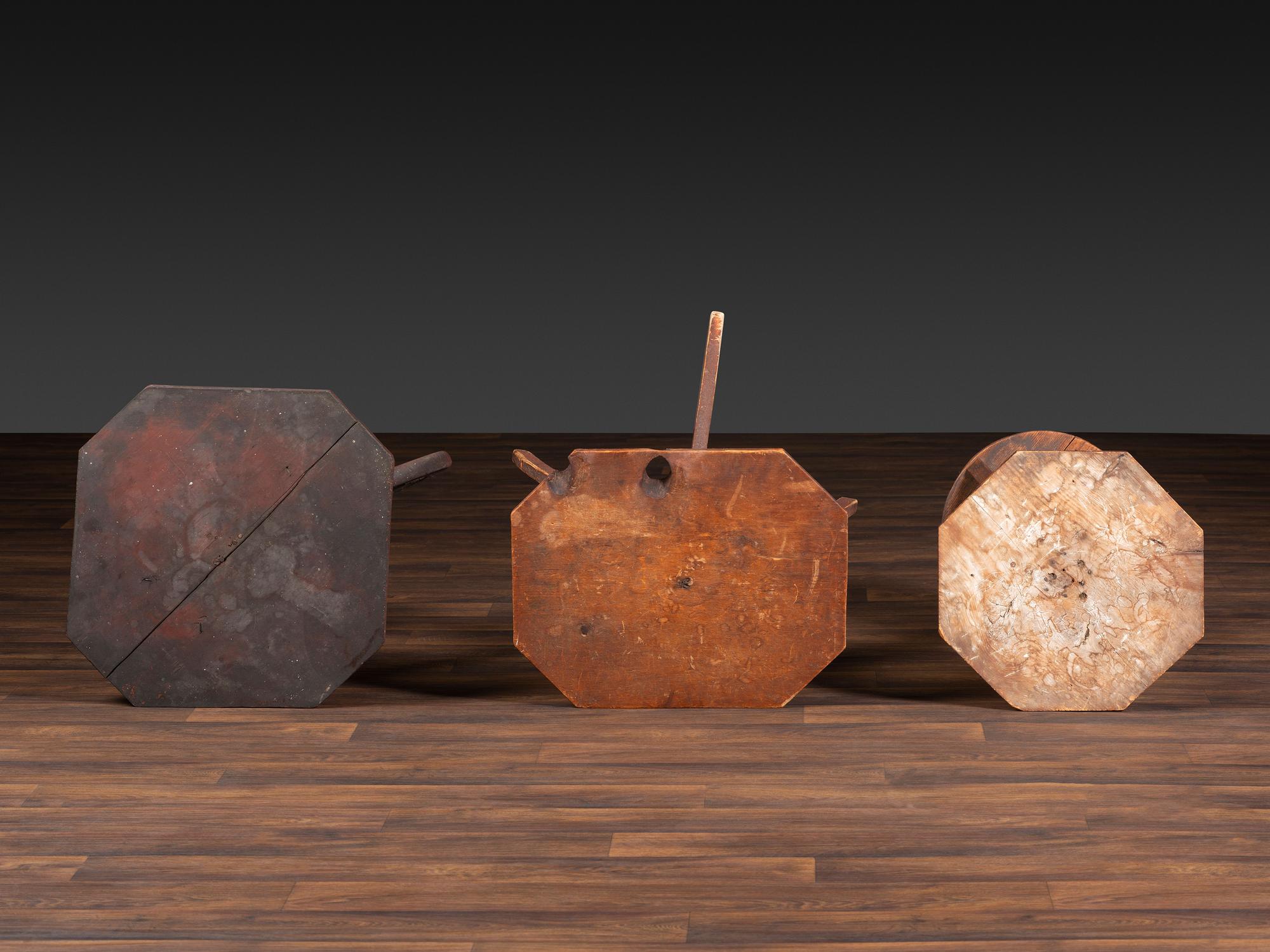 Three Primitive Carved Wood Candlestands