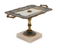 A French Gilt Metal, Champlevé and Alabaster Card Tray