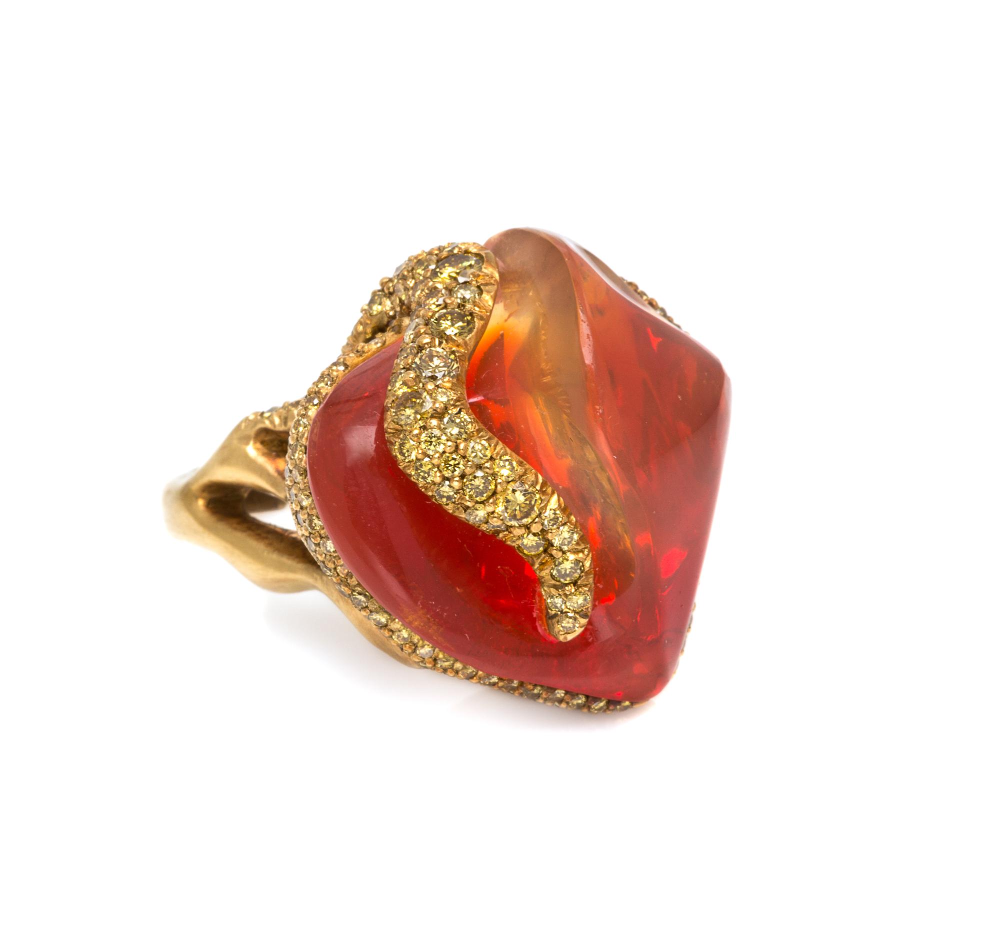 A Yellow Gold, Fire Opal and Colored Diamond Ring, 21.10 dwts.