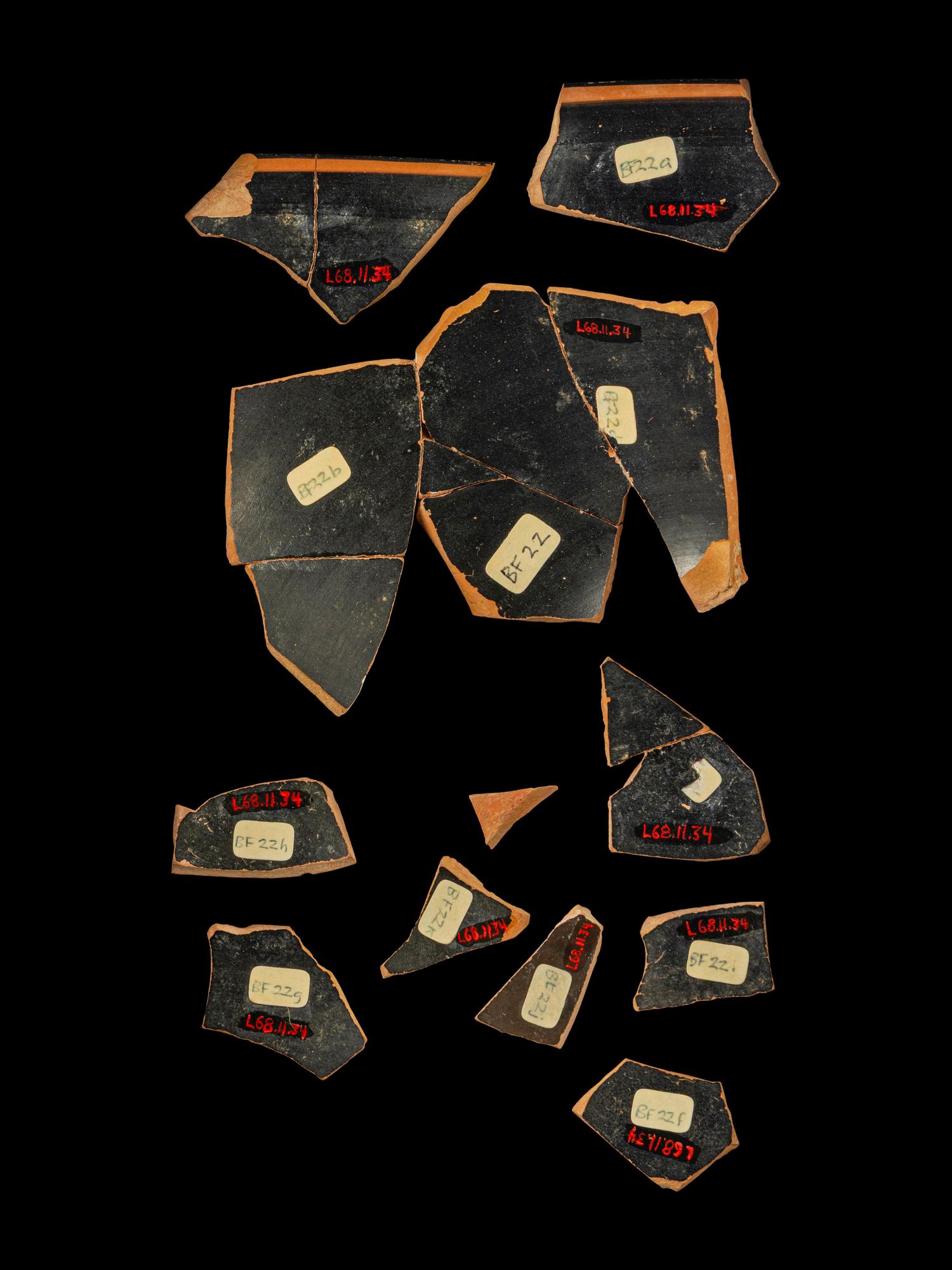11 Attic Black-Figured Skyphos Fragments with Theseus and the Minotaur between Onlookers and Ariadne.