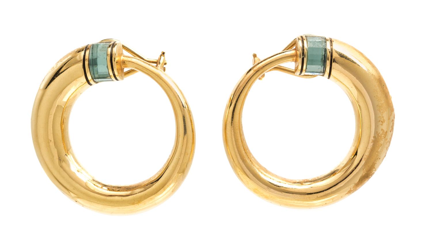 A Pair of 14 Karat Yellow Gold, Aquamarine and Enamel Hoop Earclips, Scott Katz, 14.30 dwts.