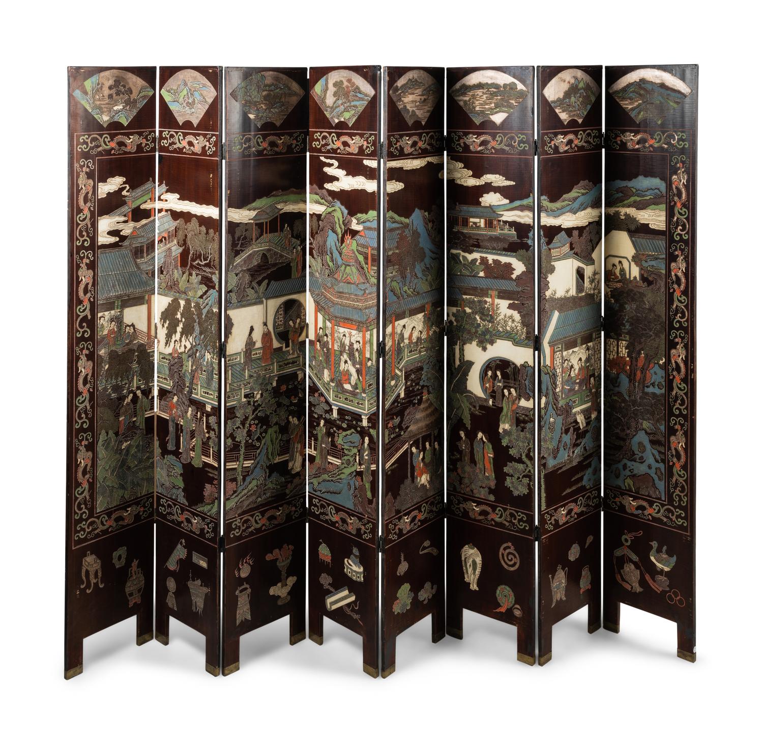 A Chinese Coromandel Lacquer Eight-Panel Floor Screen