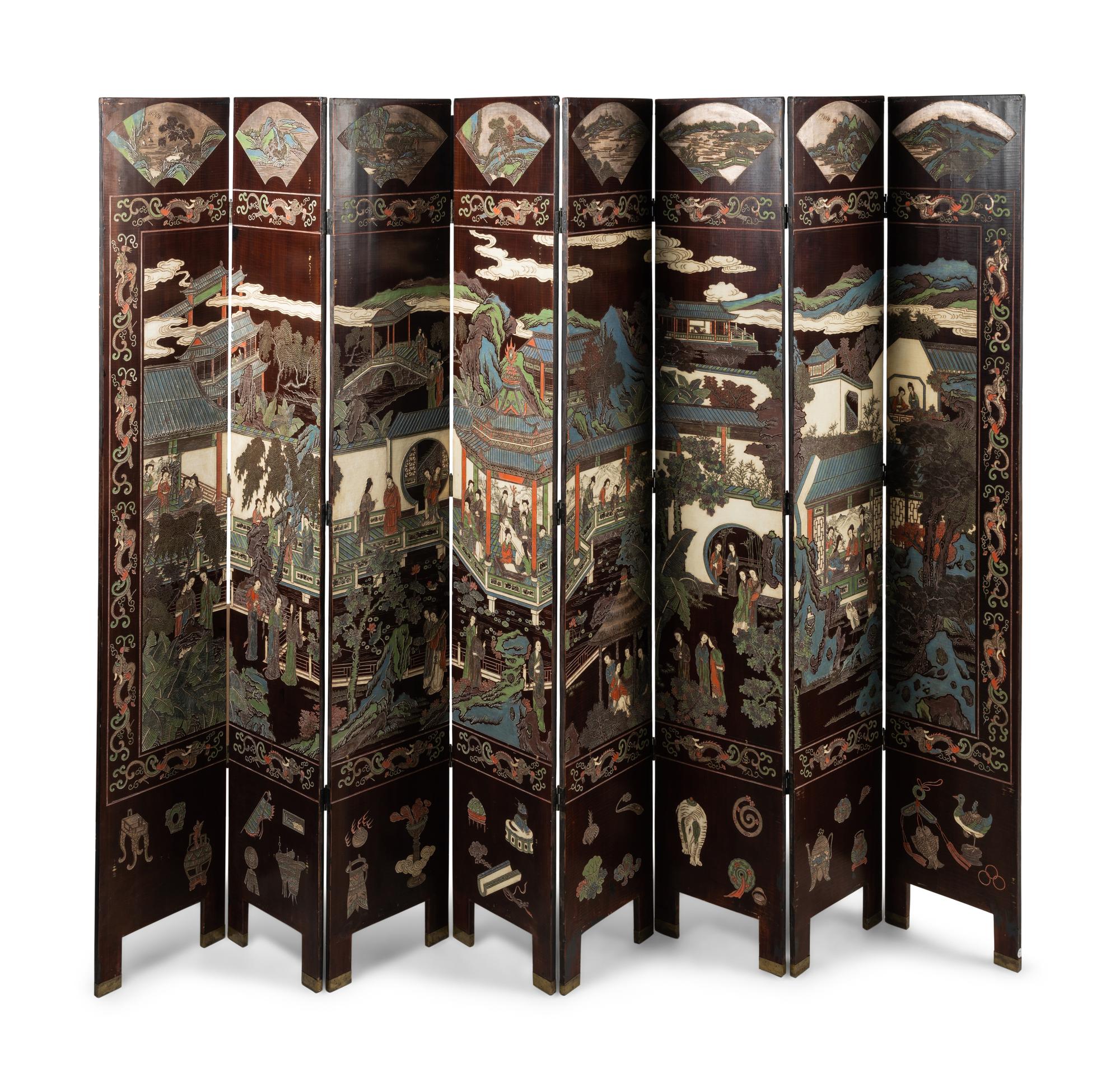 A Chinese Coromandel Lacquer Eight-Panel Floor Screen