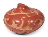 Red and Tan Carved Pottery Vase, with Avanyu
