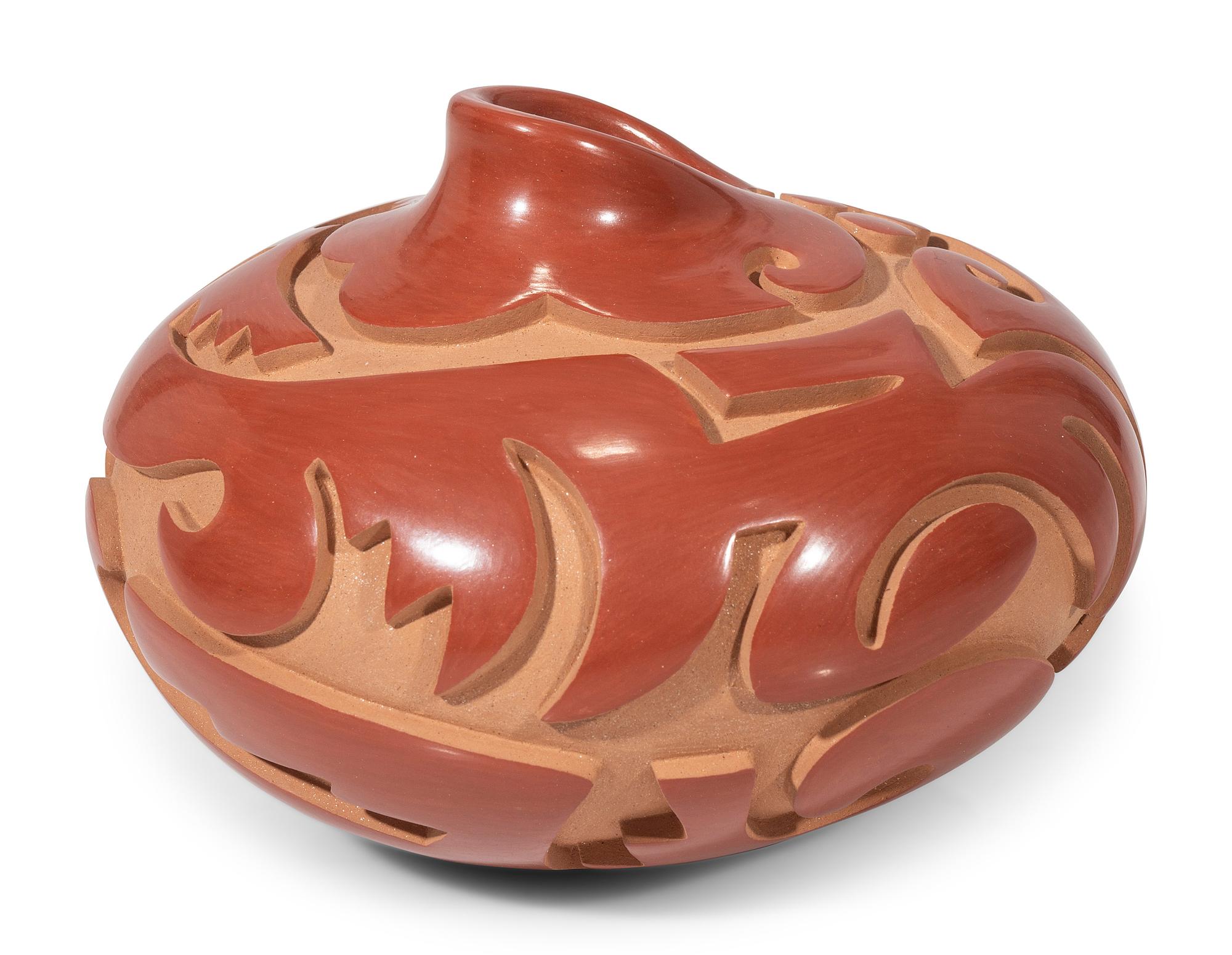 Red and Tan Carved Pottery Vase, with Avanyu