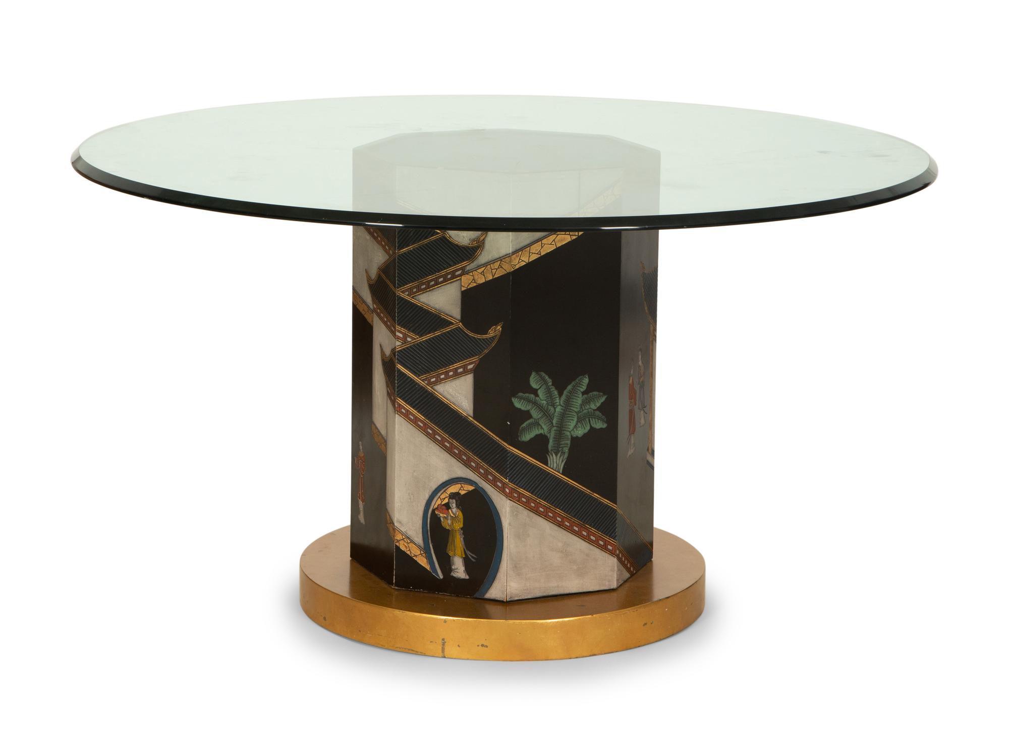 A Chinoiserie Decorated Pedestal Table with Glass Top