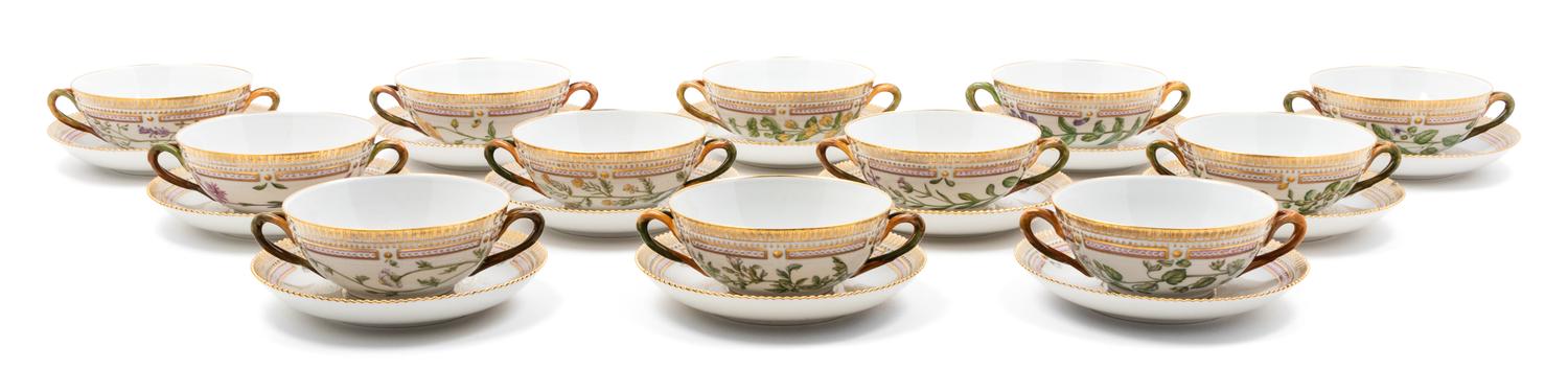 A Set of Twelve Royal Copenhagen Flora Danica Soup and Saucers Width of teacup 6 1/2 inches. — 20TH CENTURY