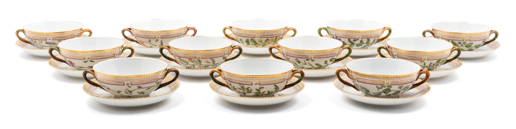 A Set of Twelve Royal Copenhagen Flora Danica Soup and Saucers Width of teacup 6 1/2 inches. — 20TH CENTURY