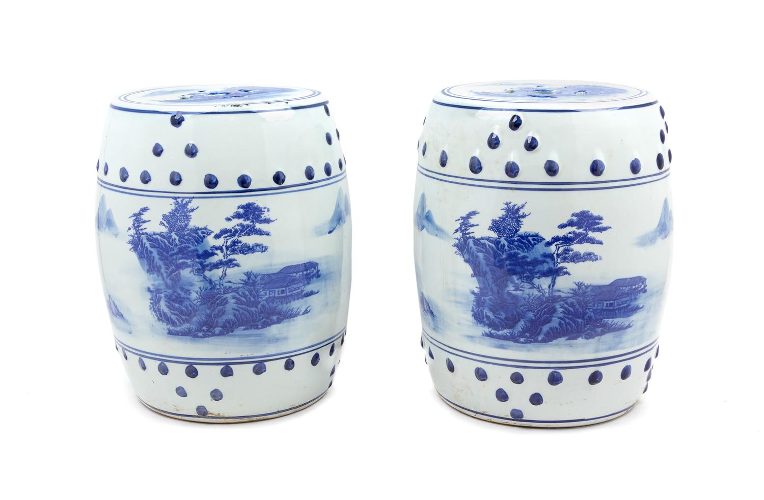 A Pair of Chinese Blue and White Porcelain Garden Seats Height 16 inches. — 20TH CENTURY