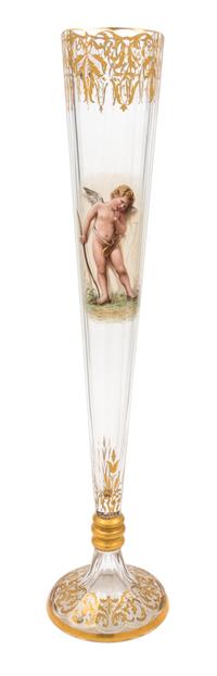 A Continental Enameled Glass Trumpet Vase Height 20 inches. — 19TH/20TH CENTURY