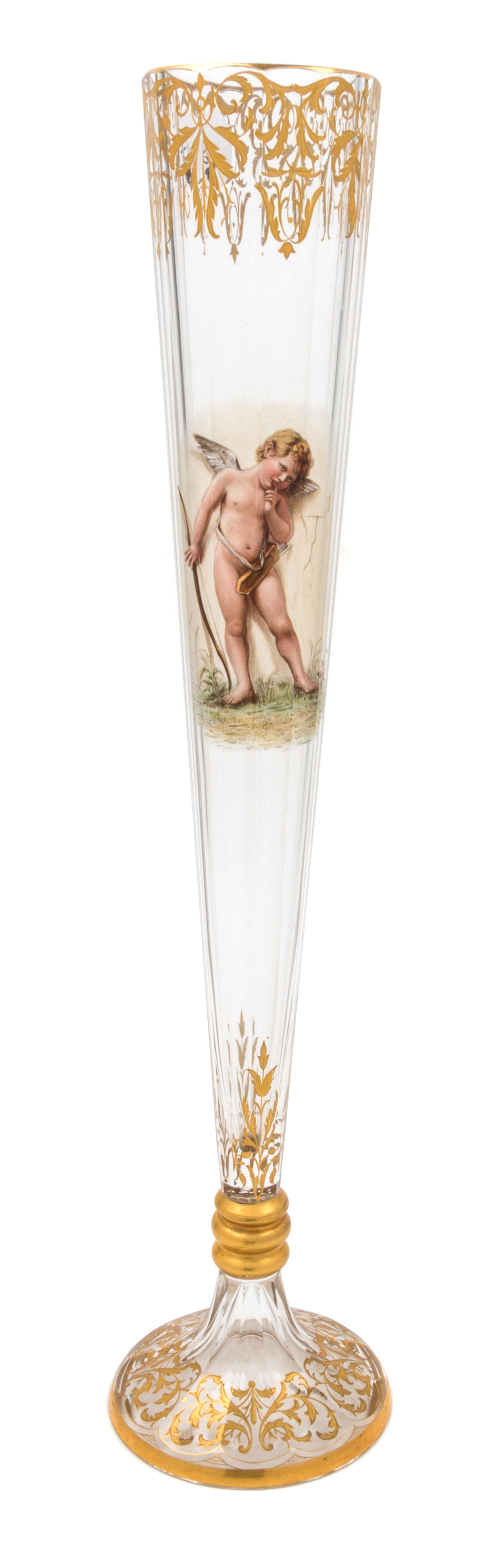 A Continental Enameled Glass Trumpet Vase Height 20 inches. — 19TH/20TH CENTURY