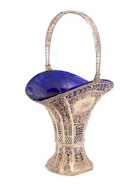 A German Silver Basket with Cobalt Glass Liner