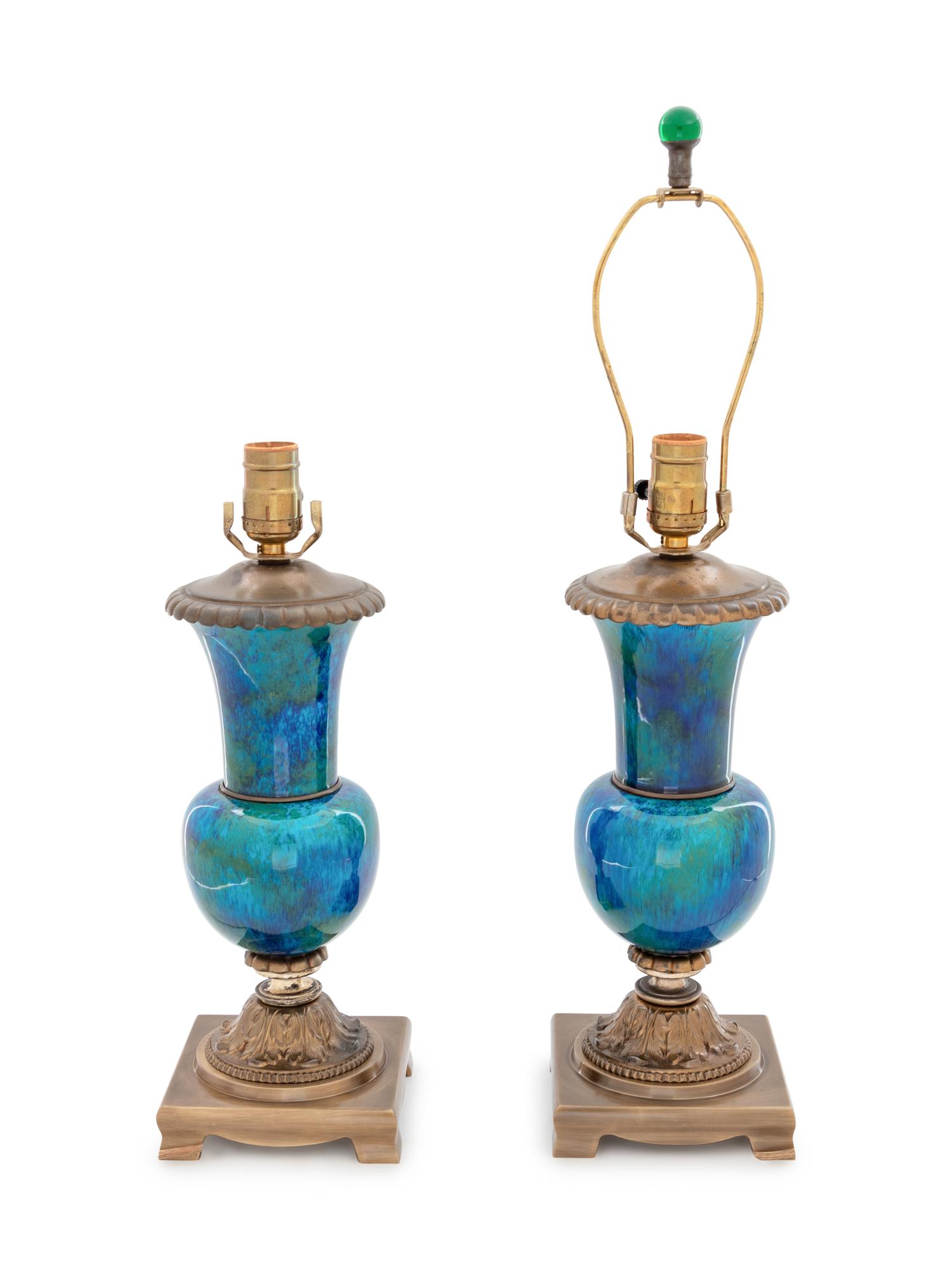 A Pair of French Turquoise and Green Glazed Urn Lamps