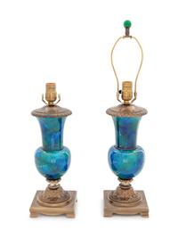 A Pair of French Turquoise and Green Glazed Urn Lamps
