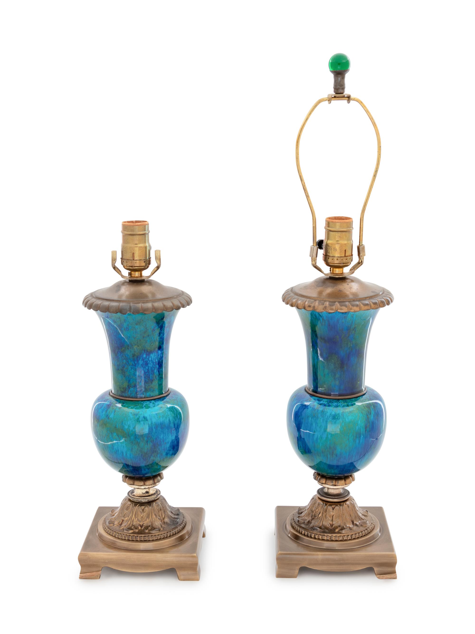 A Pair of French Turquoise and Green Glazed Urn Lamps