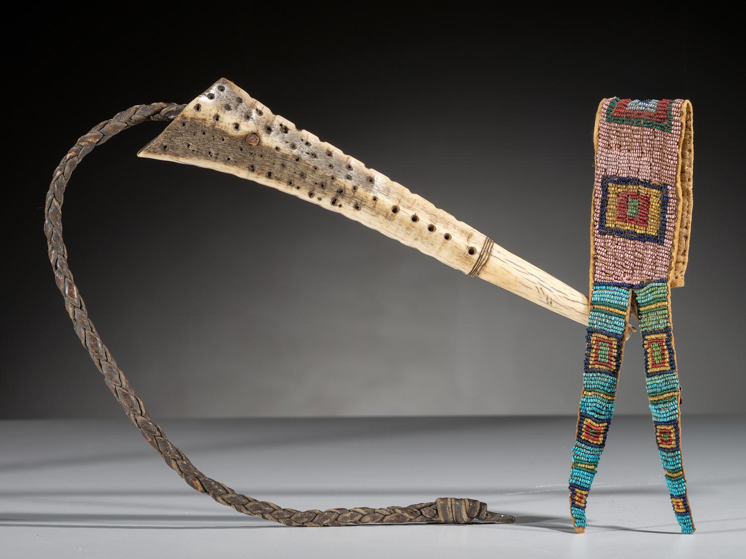 Northern Plains Elk Antler Quirt, with Beaded Buffalo Hide Wrist Strap