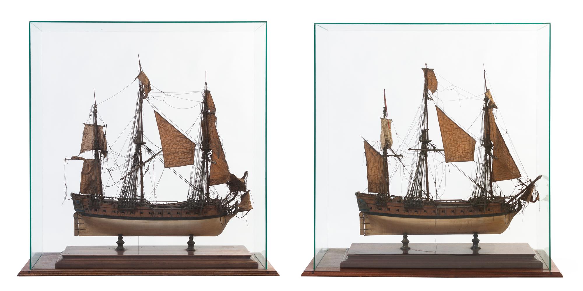 A Pair of French Presentation Ship Models, Width of case 27 inches.