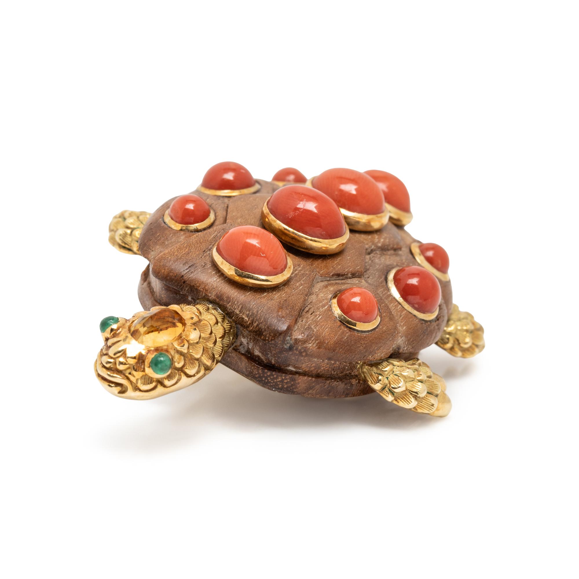 SEAMAN SCHEPPS, WOOD AND CORAL TURTLE BROOCH